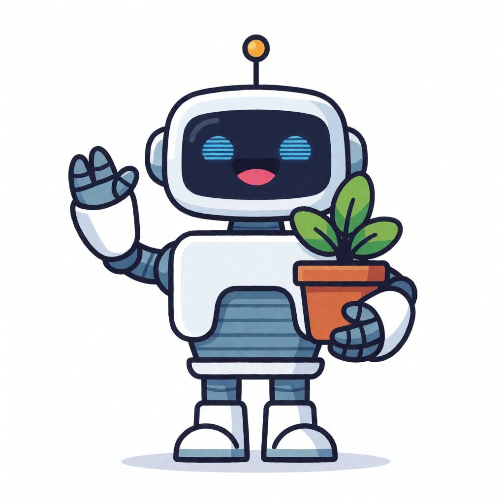 A cheerful flat-vector robot holding a potted plant