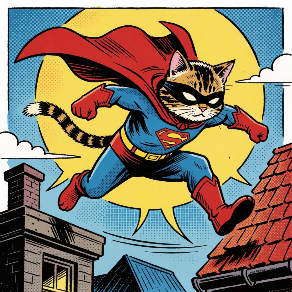 A masked superhero cat leaping between rooftops, comic book style