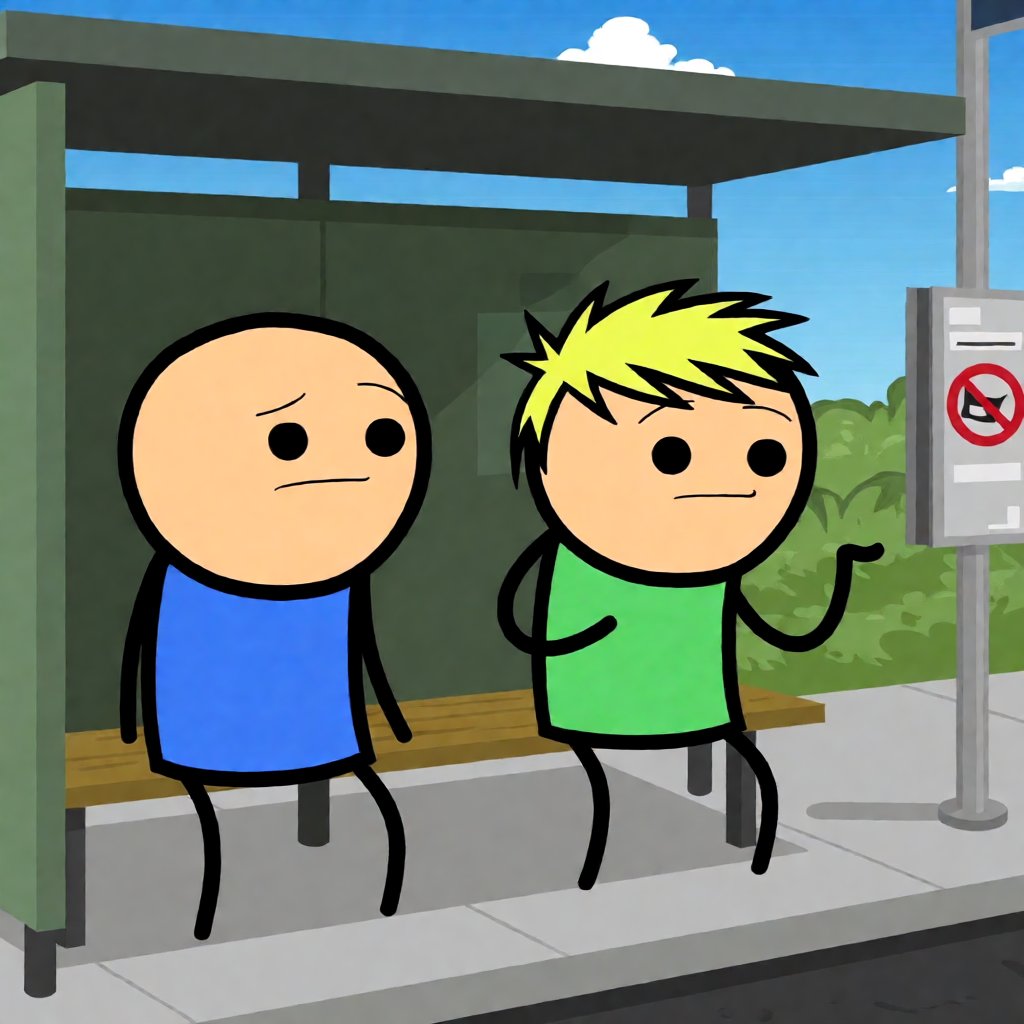 Two simple cartoon characters at a bus stop, Cyanide and Happiness style