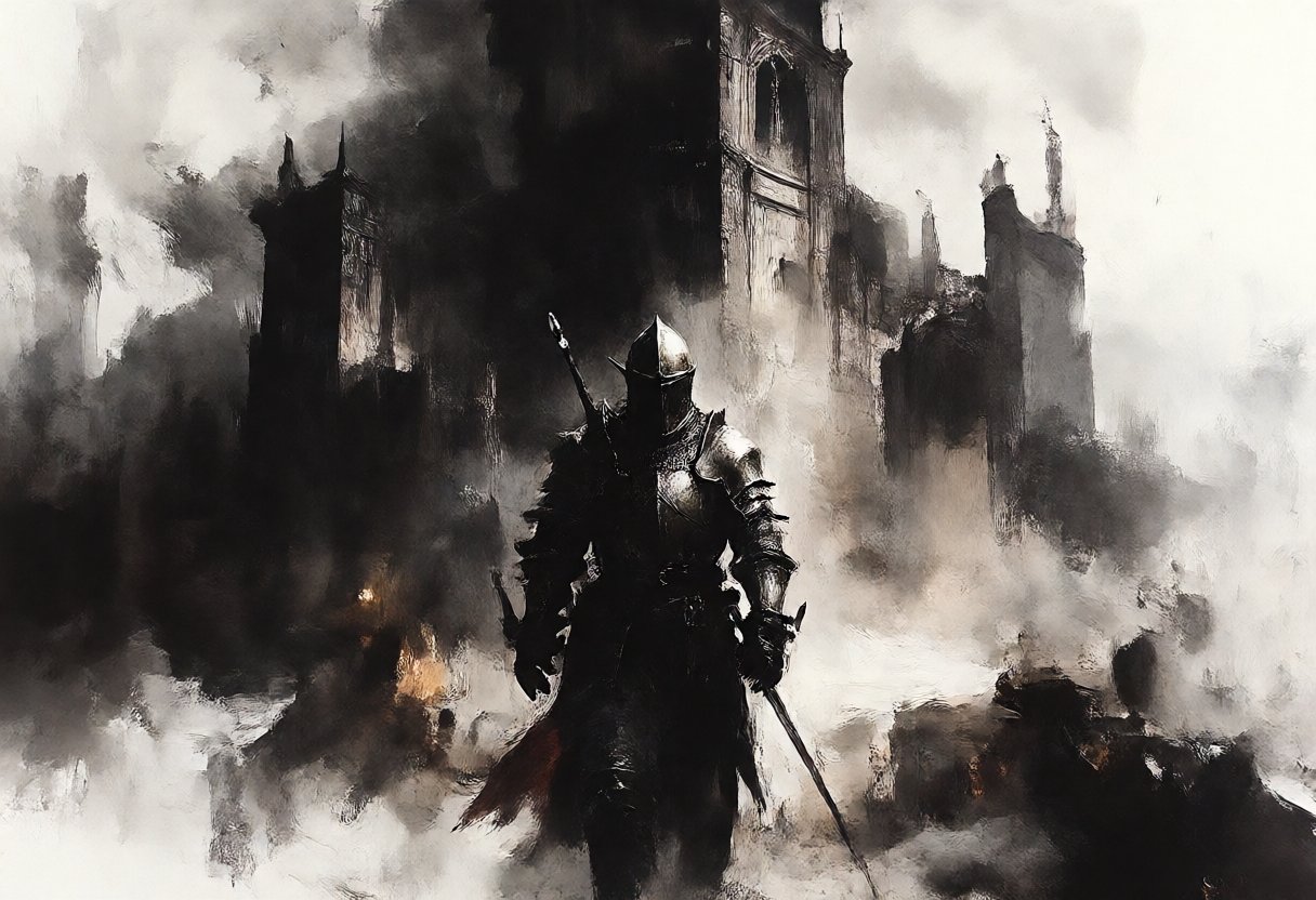 A lone knight before a ruined cathedral, dark oil painting
