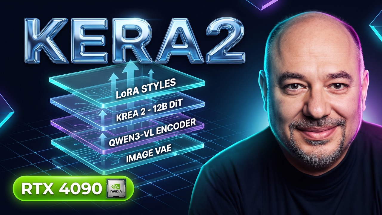 KERA2 title with a stacked model-layer diagram (LoRA, 12B DiT, Qwen3-VL encoder, VAE), an RTX 4090 badge, and the author's portrait