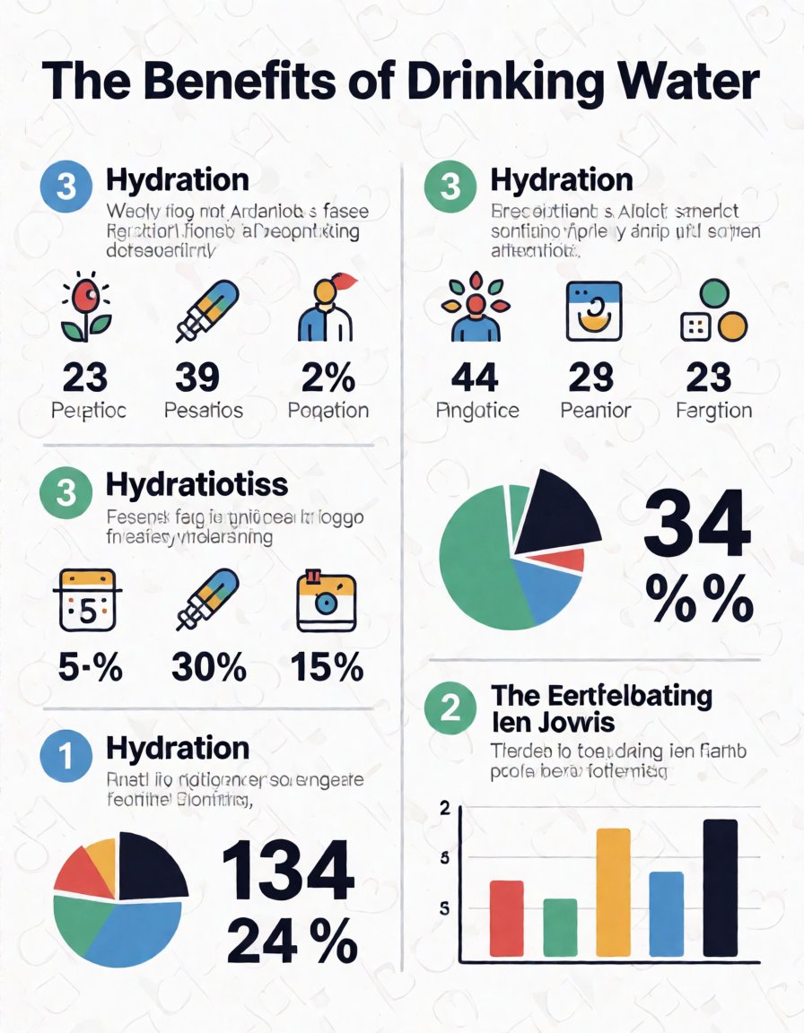 An infographic titled The Benefits of Drinking Water, with charts and gibberish body text