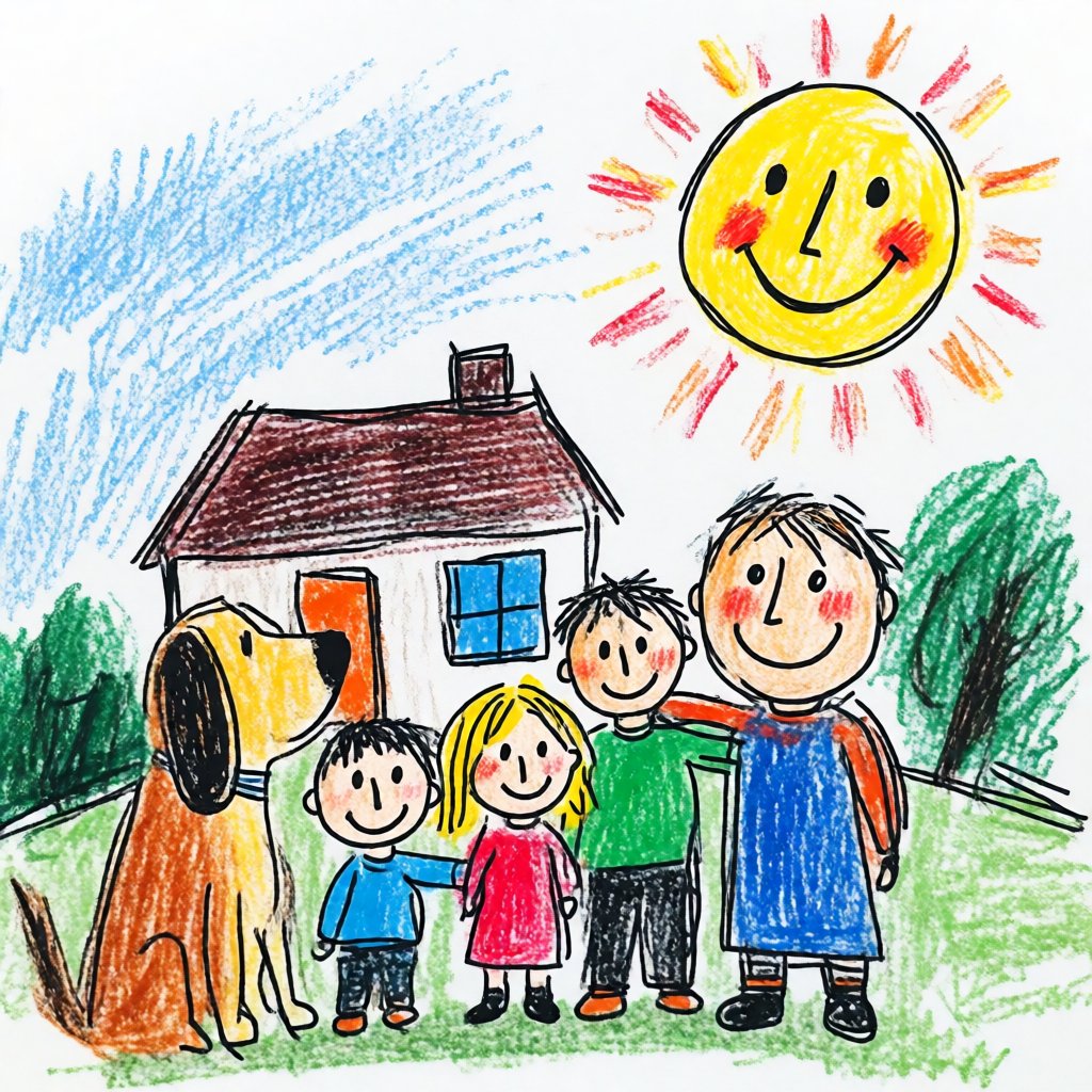 A child's crayon drawing of a family, house, sun and dog