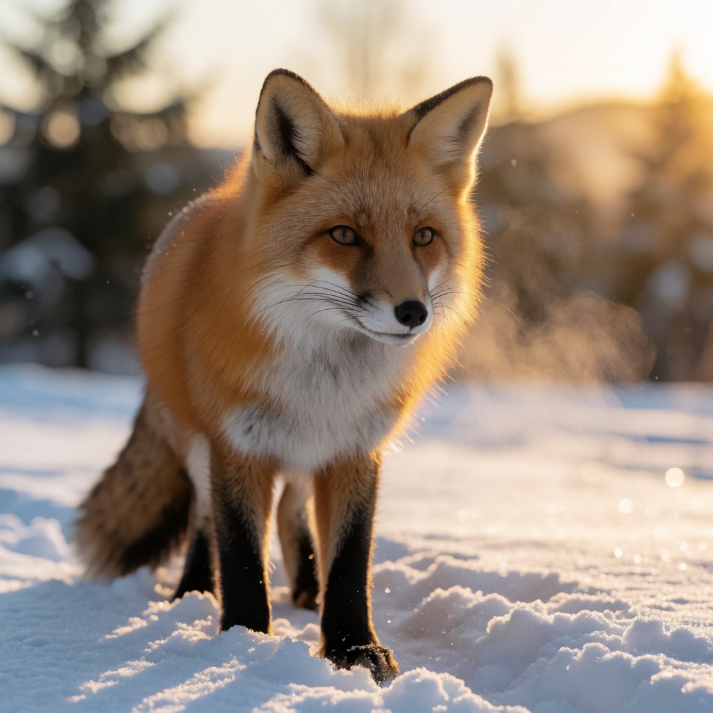 A red fox in fresh snow at golden hour, breath visible