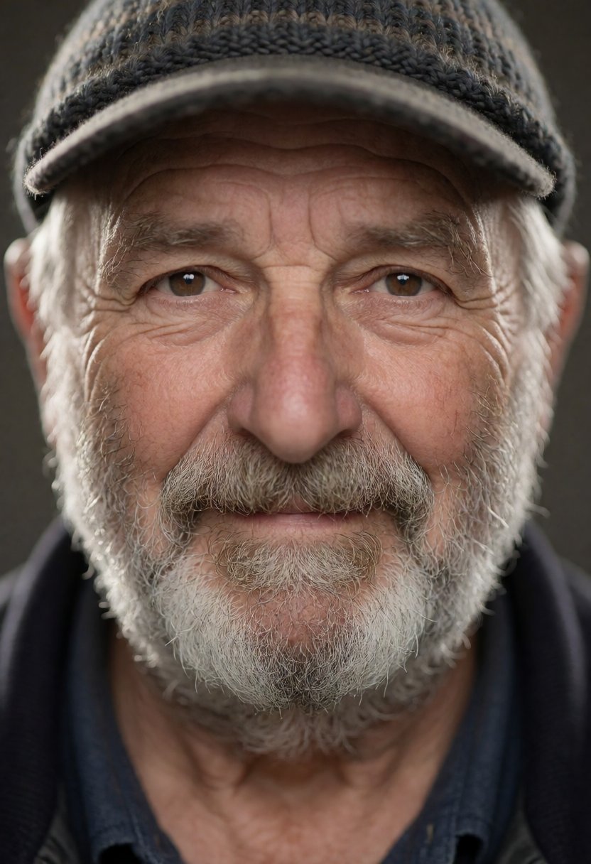 Close-up studio portrait of a weathered old fisherman