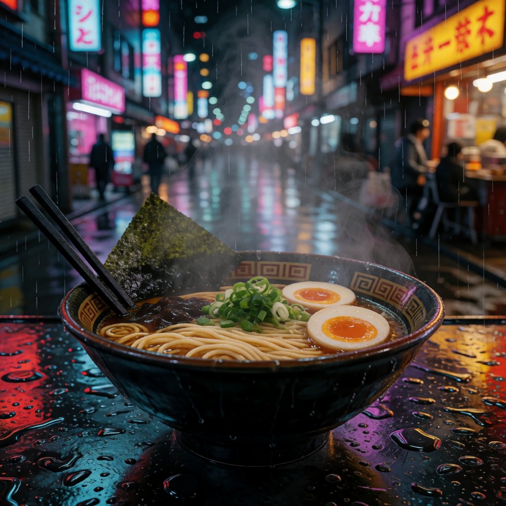 A bowl of steaming ramen on a rainy Tokyo night with neon reflections