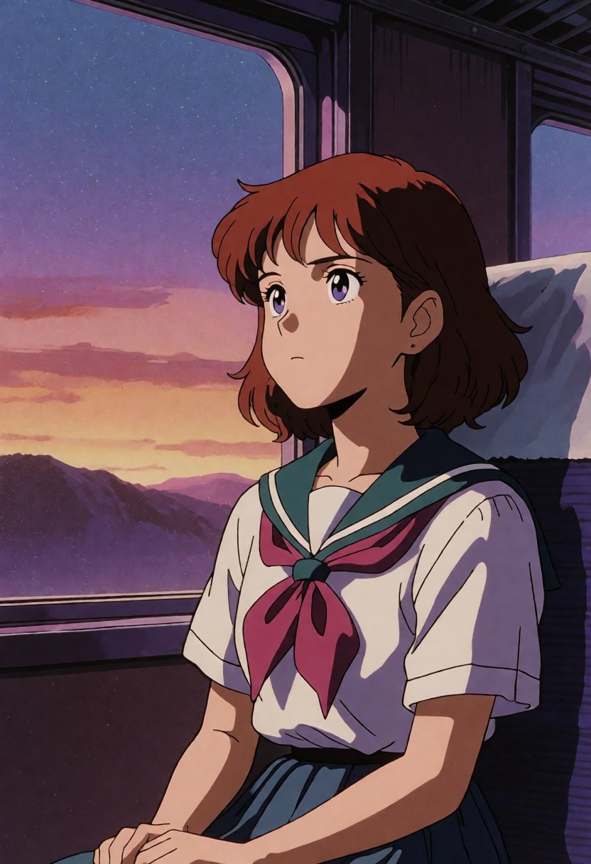 A girl in a school uniform gazing out a train window, 90s anime