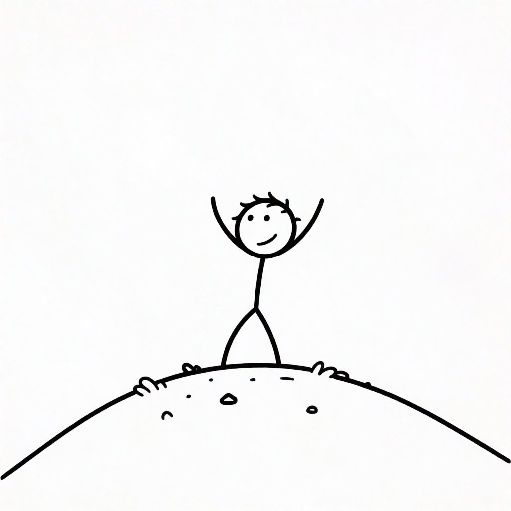 A minimalist stick figure celebrating on a hill