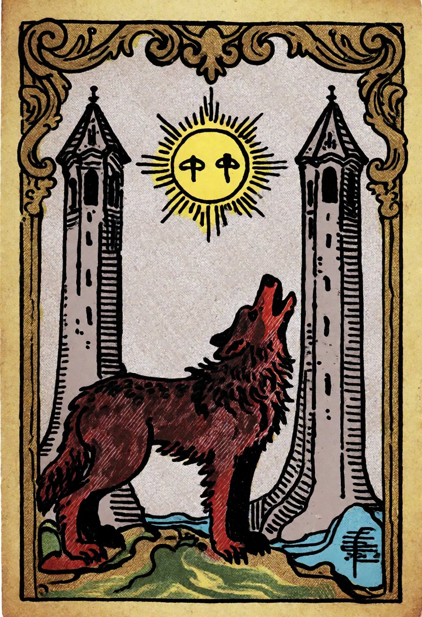 The Moon tarot card with a wolf howling between two towers
