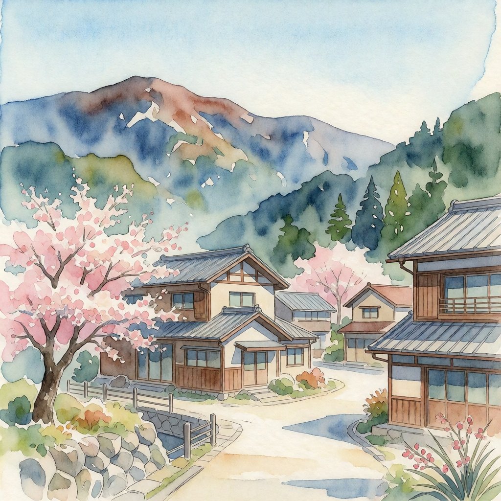 A mountain village with cherry blossoms, soft watercolor