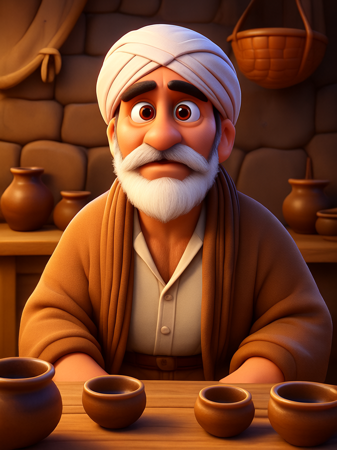 Edited: same man rendered as a 3D Pixar-style cartoon, setting preserved