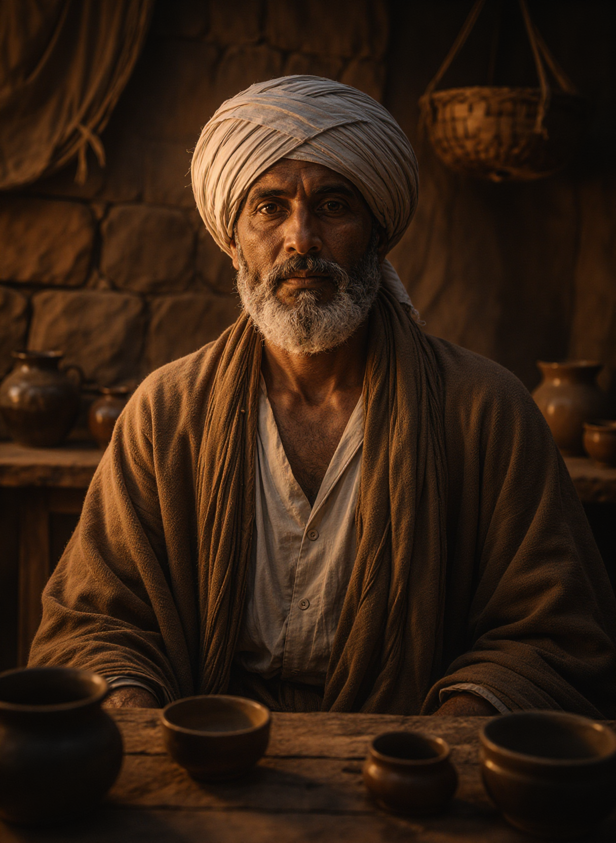 Input portrait of a man with a turban in a rustic setting