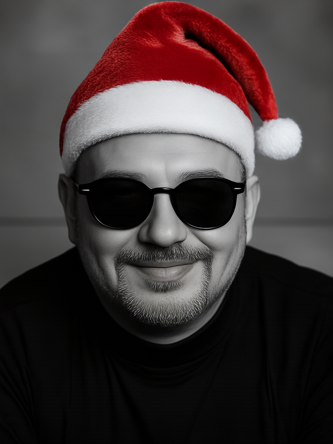 Edited: round black sunglasses and a red Santa hat added, identity preserved