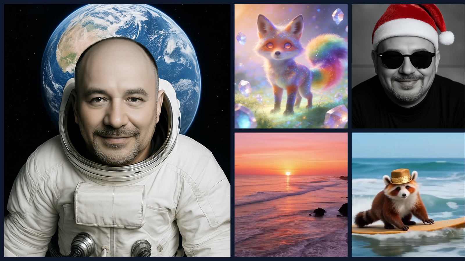 Montage of Lance outputs on a 4090: a subject-driven astronaut portrait, a rainbow fox, an edited Santa-hat portrait, a sunset coastline frame and a red-panda surfer frame