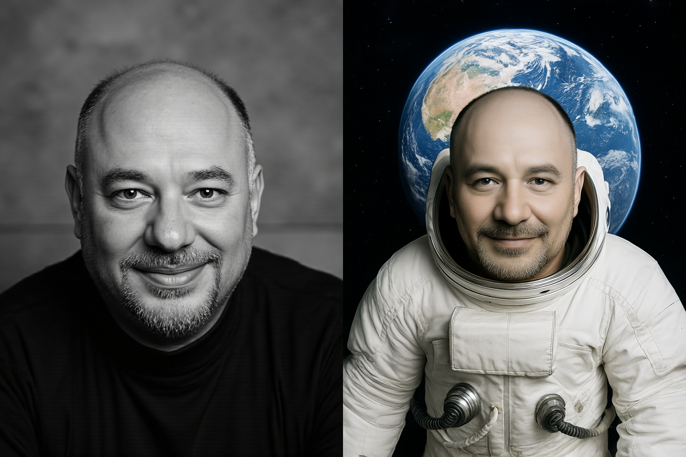 Left: reference portrait. Right: the same man generated as an astronaut in space with Earth behind him, identity preserved