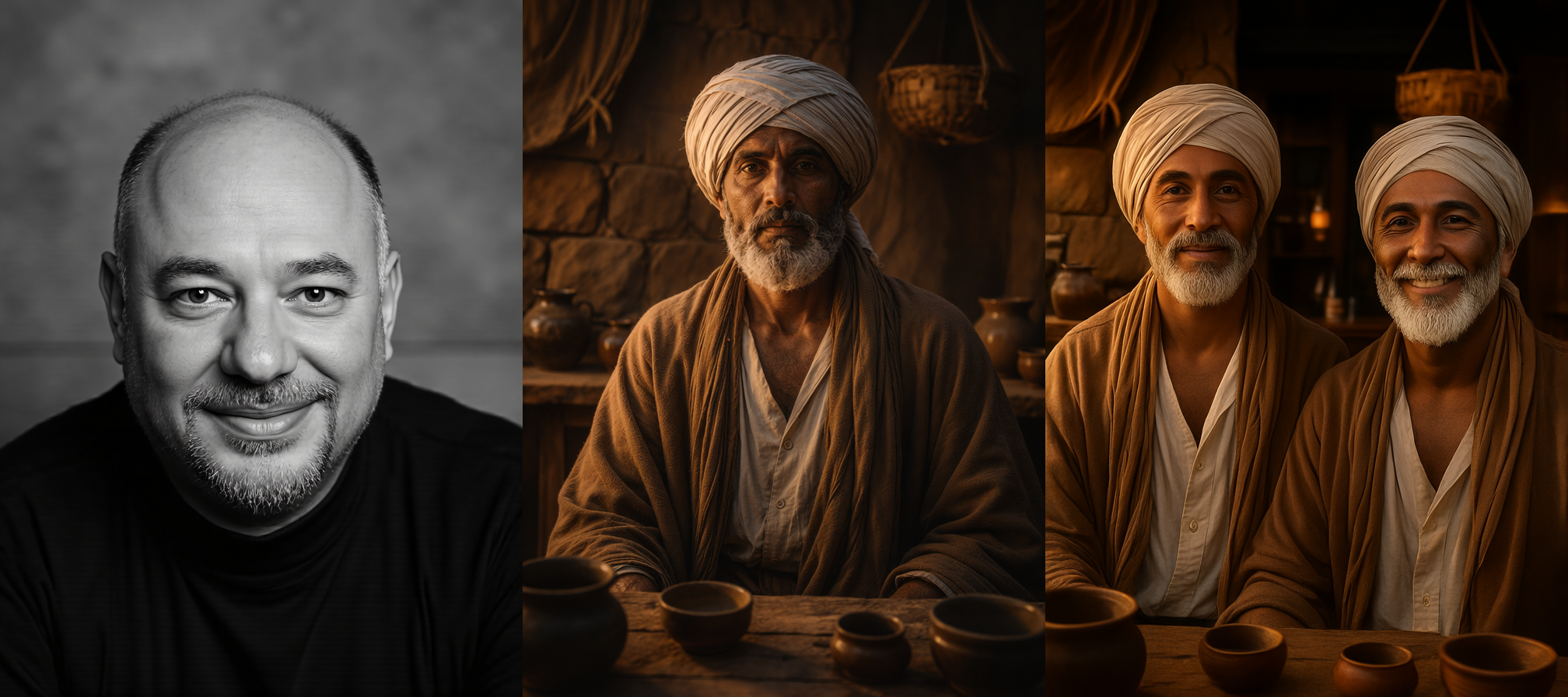 Two reference portraits and a generated image where both output figures take on one reference's look