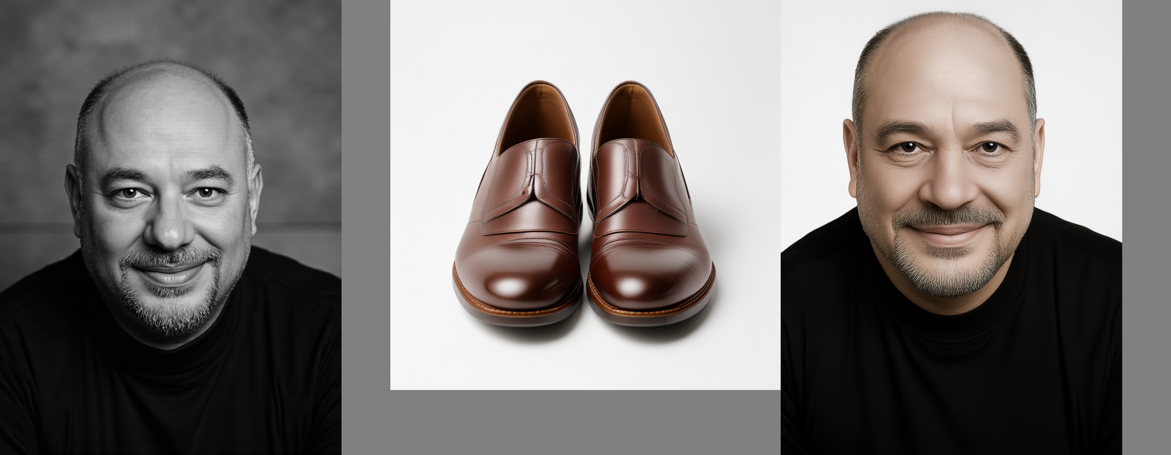 Person plus shoe references; output just re-renders the portrait