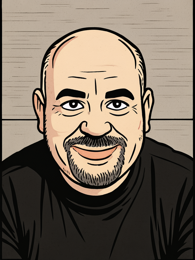 Portrait restyled as a flat bold-outlined comic cartoon