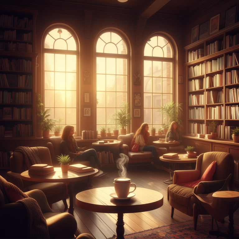 Text-to-image: cozy bookstore cafe at golden hour, sunlight through tall windows