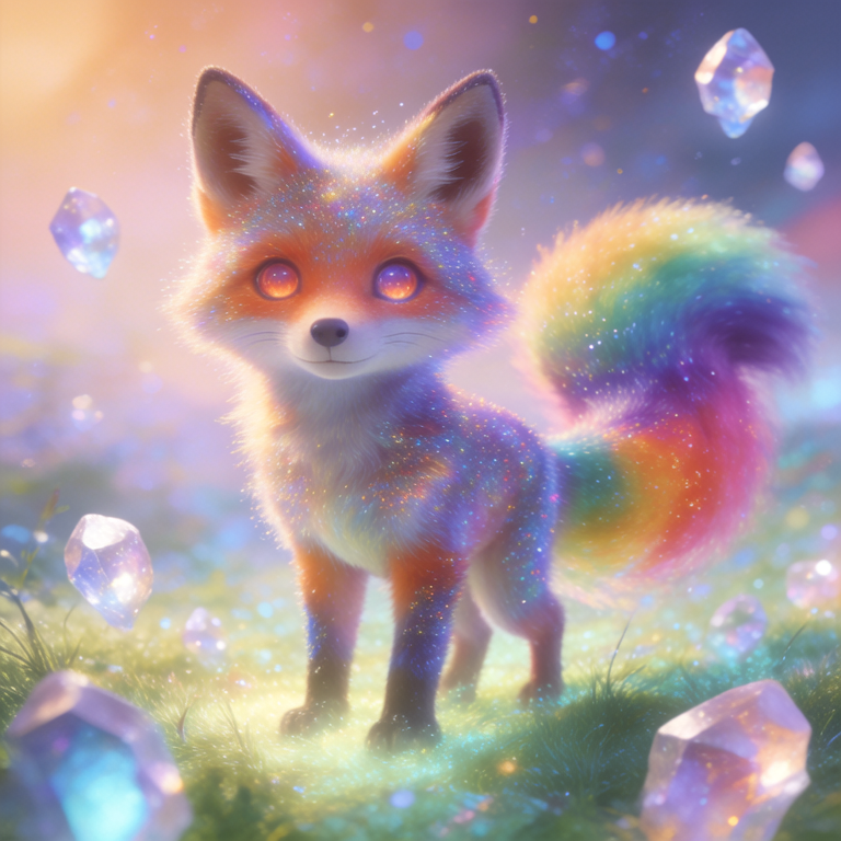 Text-to-image: anthropomorphic rainbow fox with stardust fur on a glowing fantasy grassland