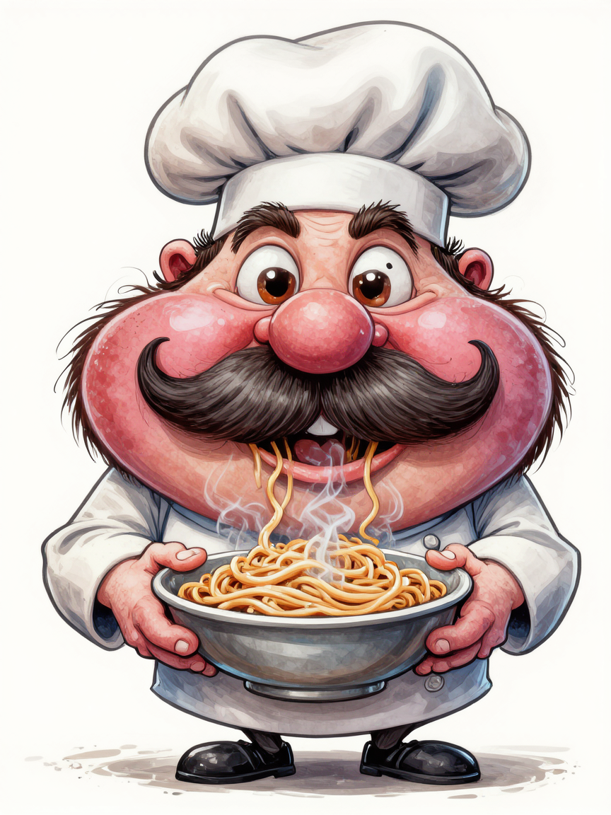Caricature of a cheerful Italian chef holding spaghetti