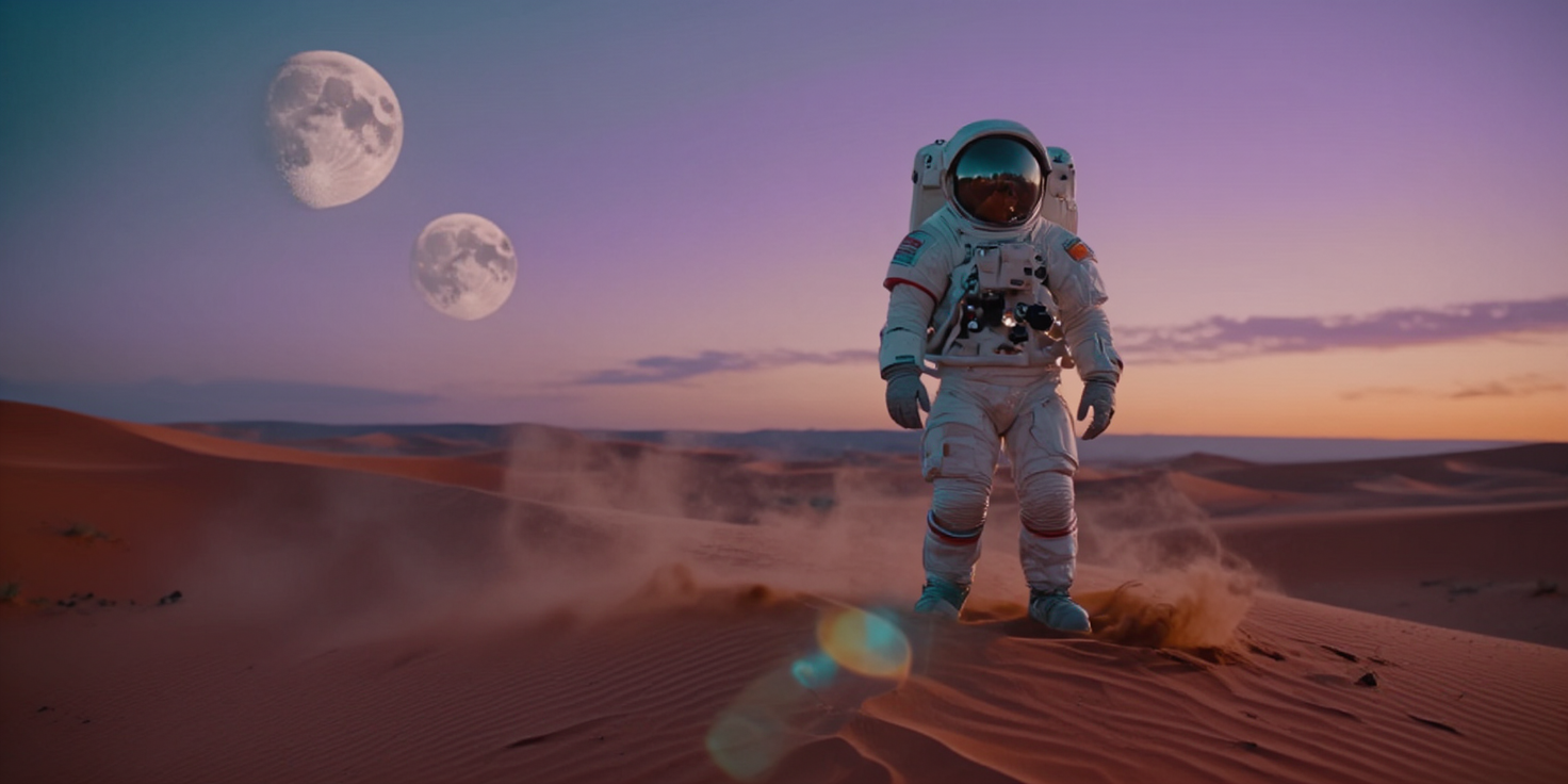 Cinematic astronaut on a red desert dune at dusk with distant moons