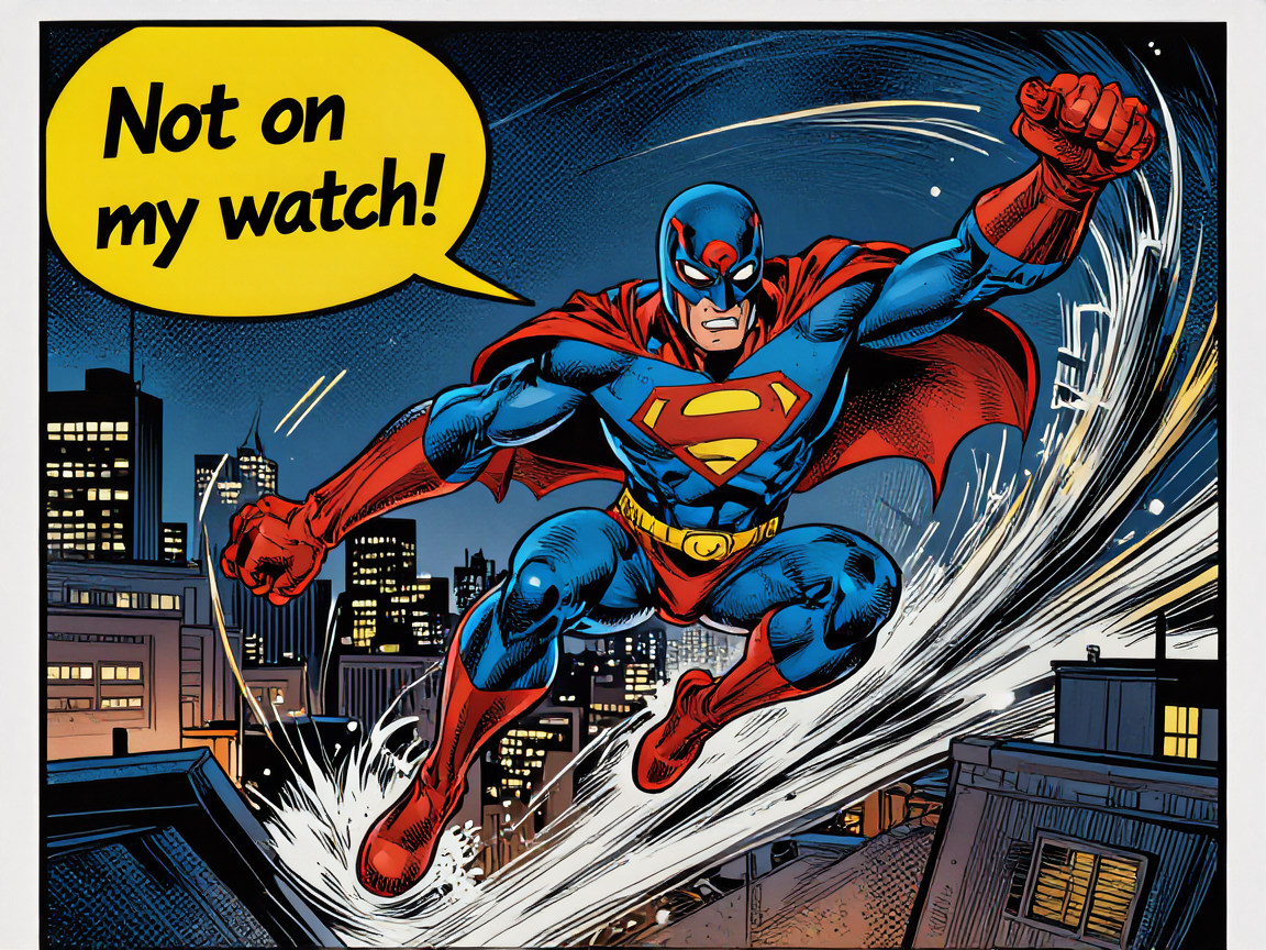 Comic-book panel of a superhero leaping with a Not on my watch speech bubble