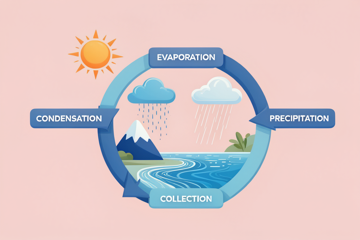 A water-cycle infographic with four correctly spelled labels