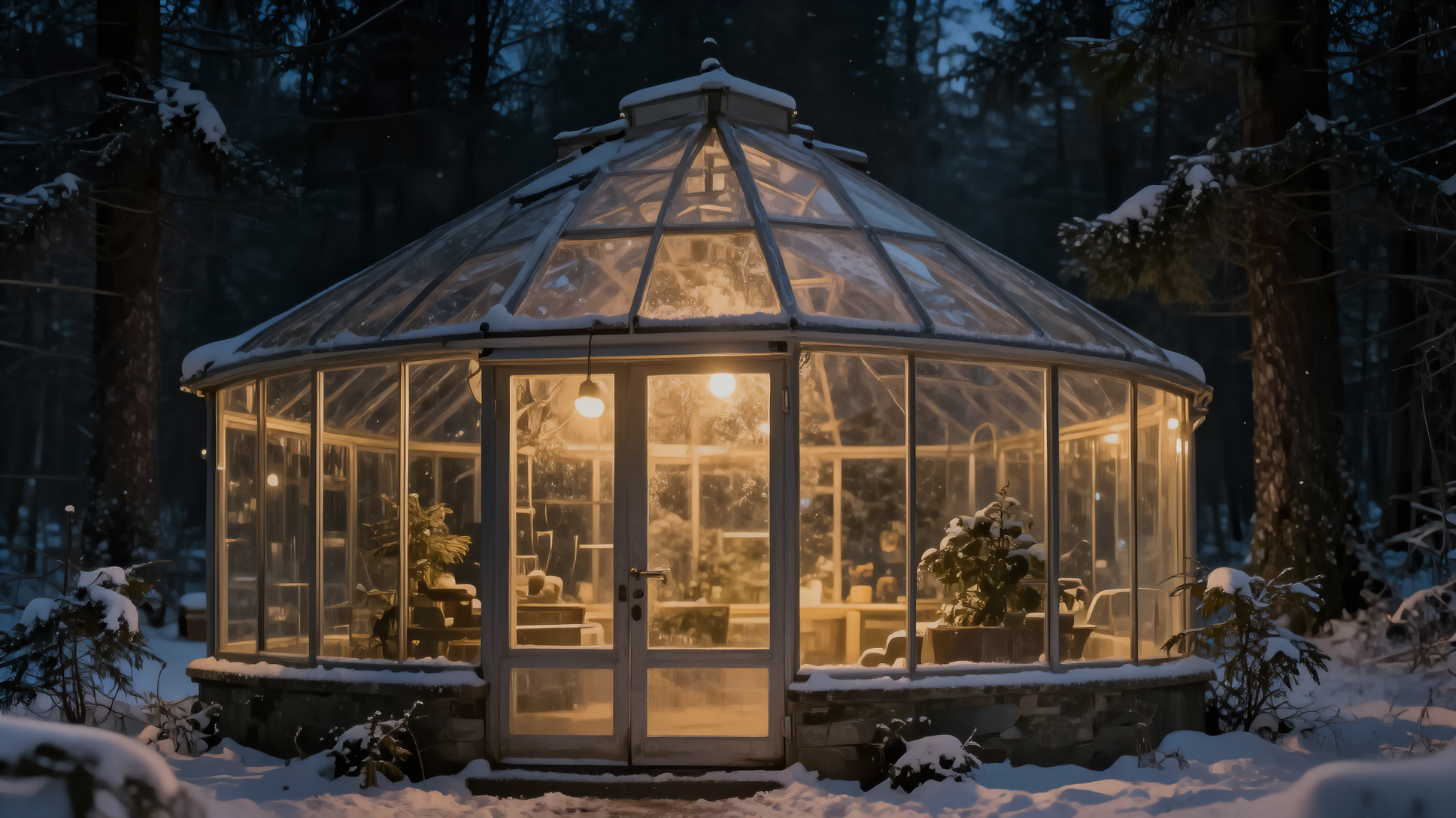 A glowing glass greenhouse in a snowy forest at night, 1440 FP8