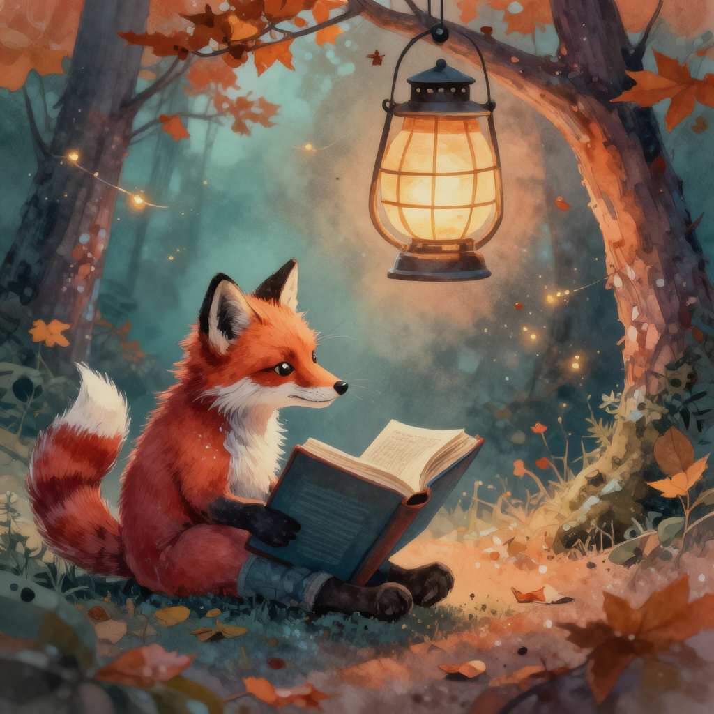 Watercolor illustration of a red fox reading under a lantern