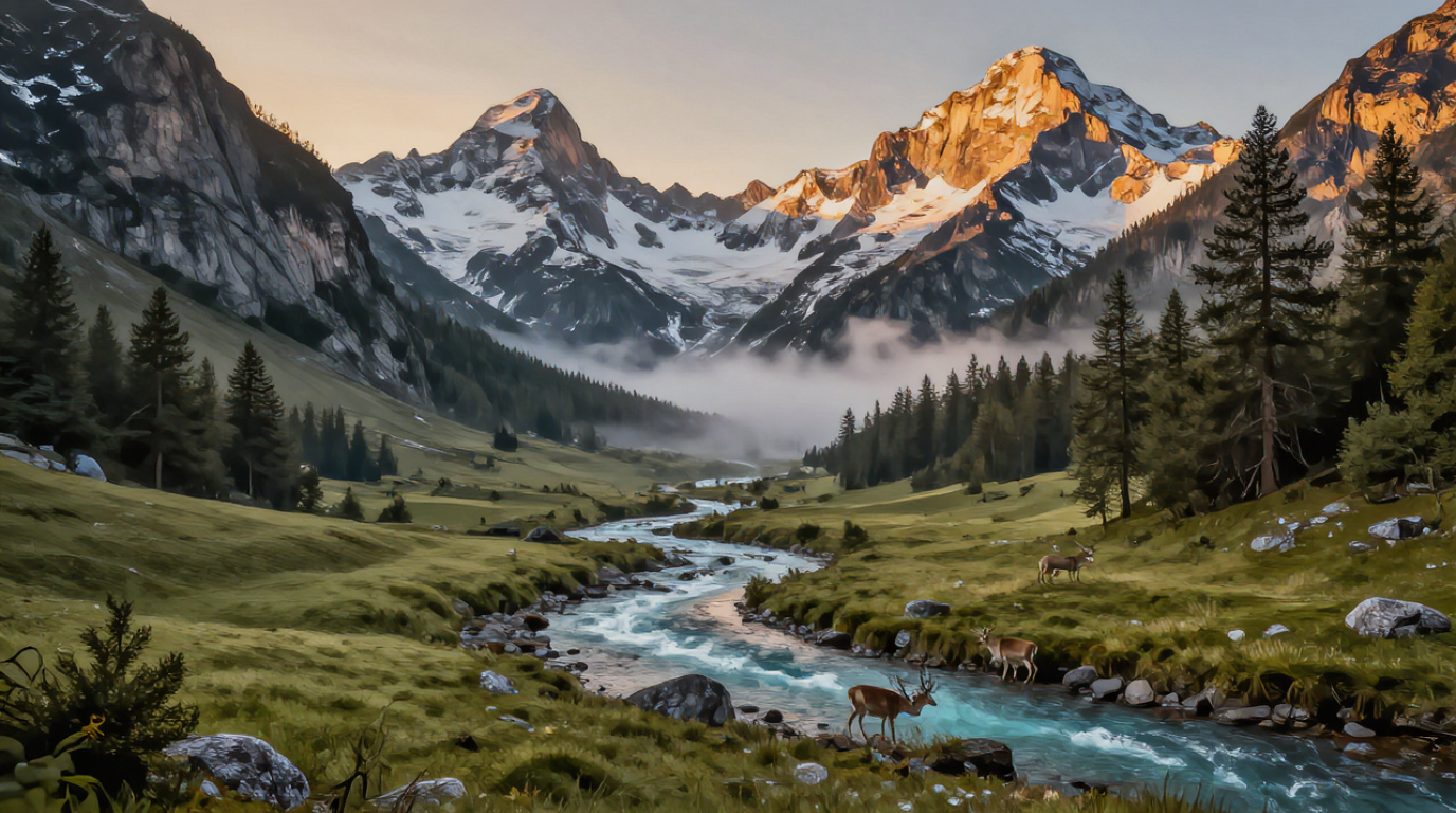 An alpine valley at golden hour with a river, peaks and deer
