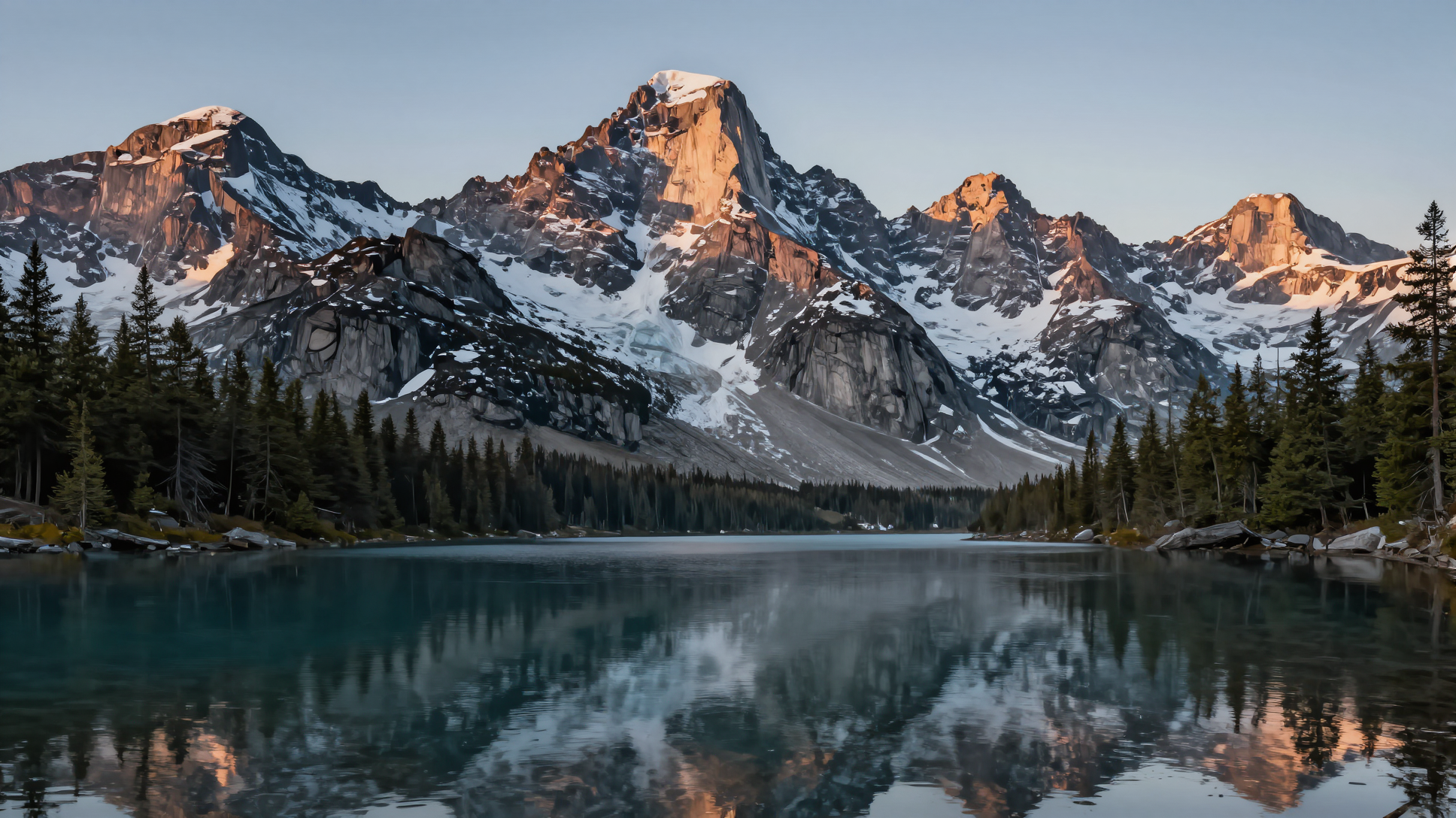 Photorealistic mountain range with a mirror-still glacial lake