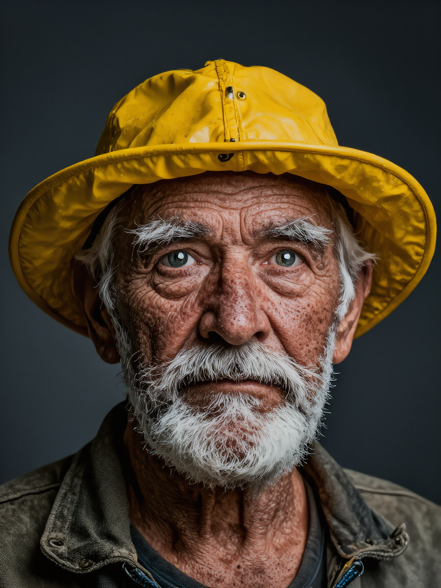 Photorealistic studio portrait of an elderly fisherman in a yellow rain hat