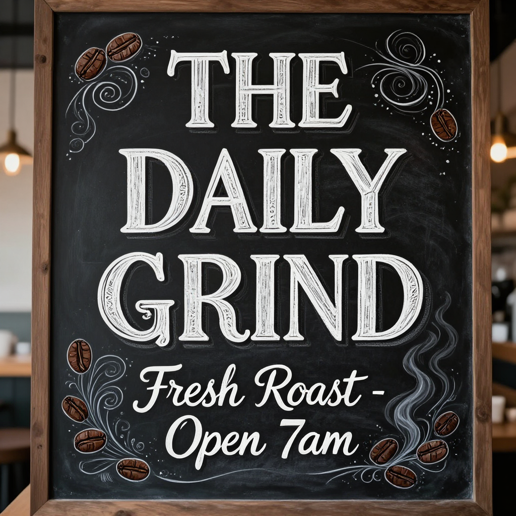 A chalkboard sign reading THE DAILY GRIND, Fresh Roast Open 7am
