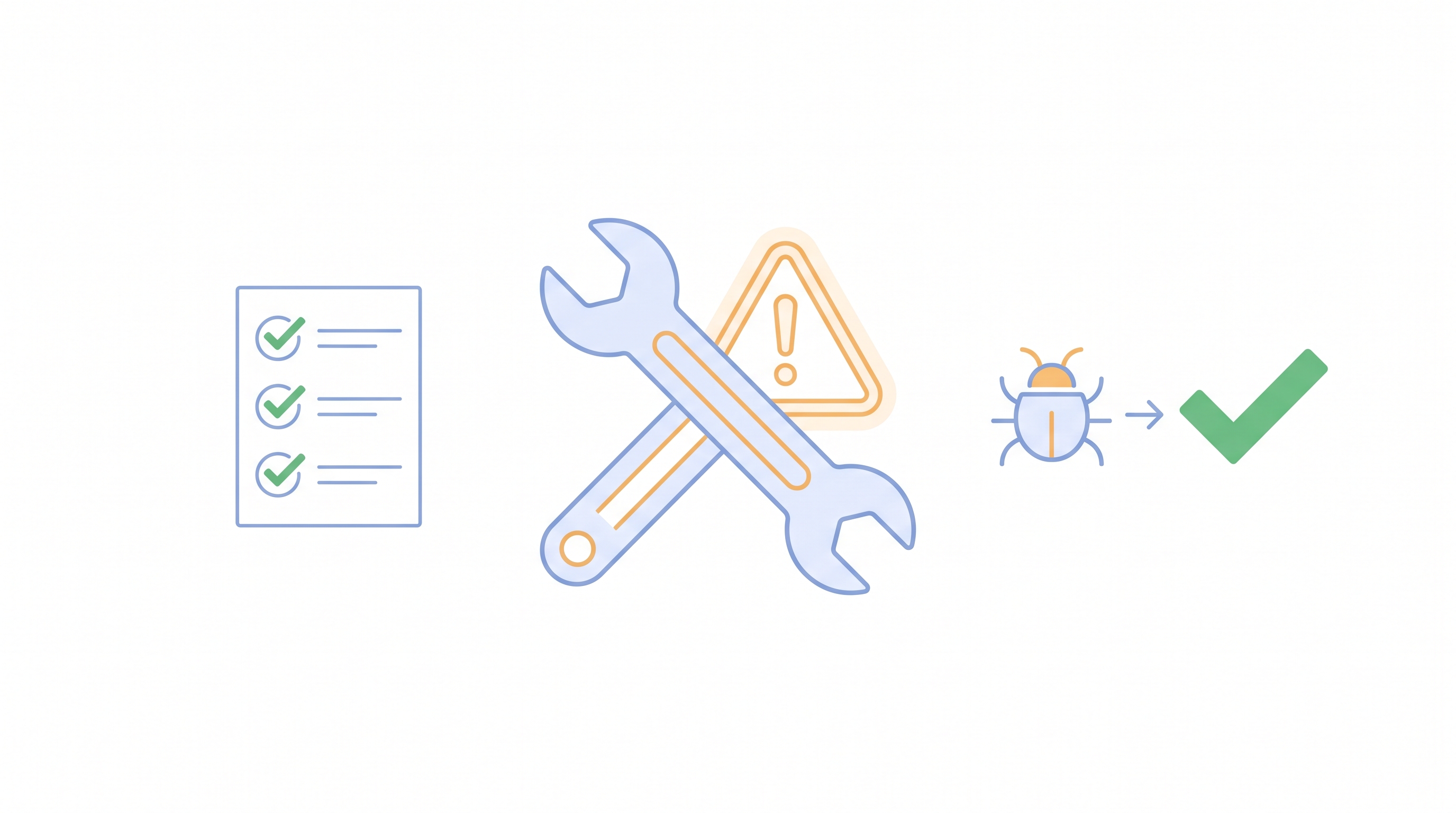 A troubleshooting illustration: a wrench over a warning triangle and a checklist of resolved items