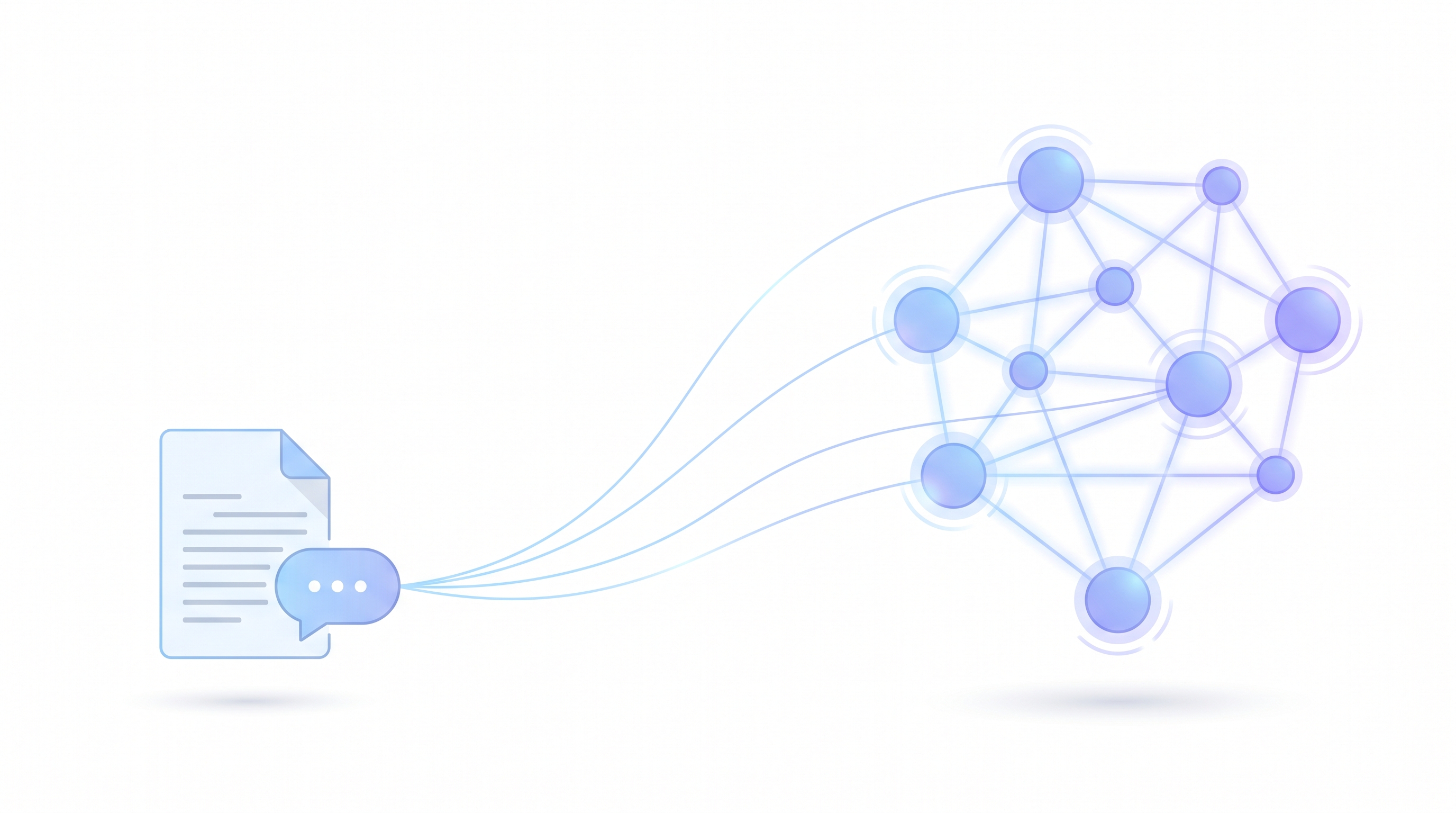 A document on the left flowing into a glowing knowledge graph of connected nodes on the right, then into an answer