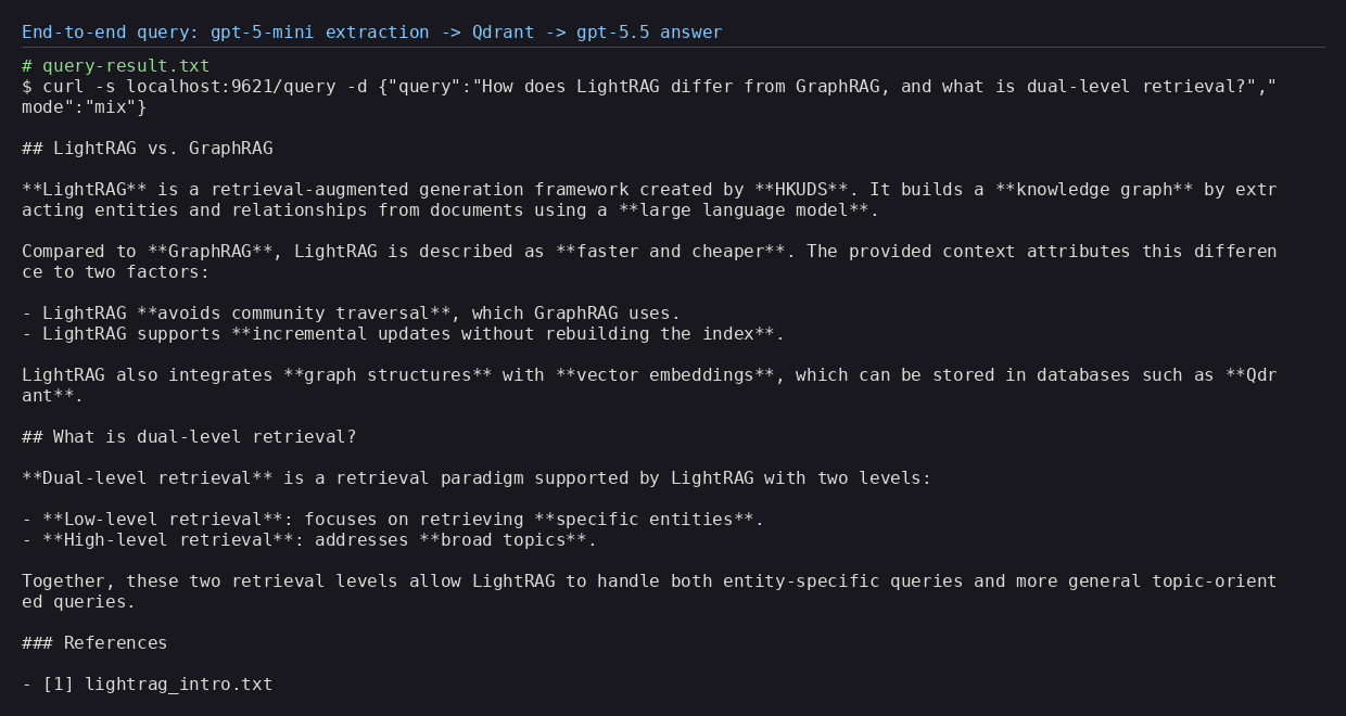 An end-to-end query in mix mode returning a grounded, structured answer with a citation to the source file