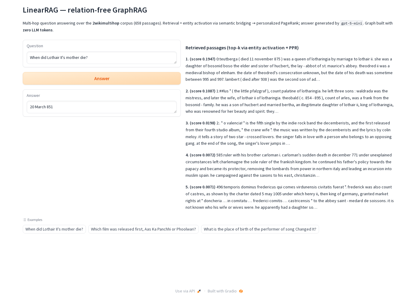 Screenshot of the LinearRAG Gradio demo answering 'When did Lothair II's mother die?' with '20 March 851' and a ranked list of evidence passages