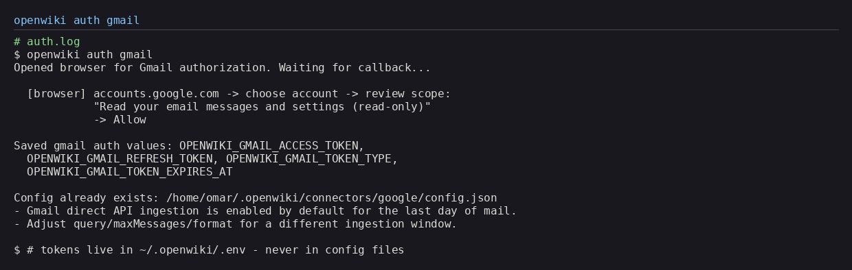 Terminal output of openwiki auth gmail showing the browser consent step and the saved token variable names