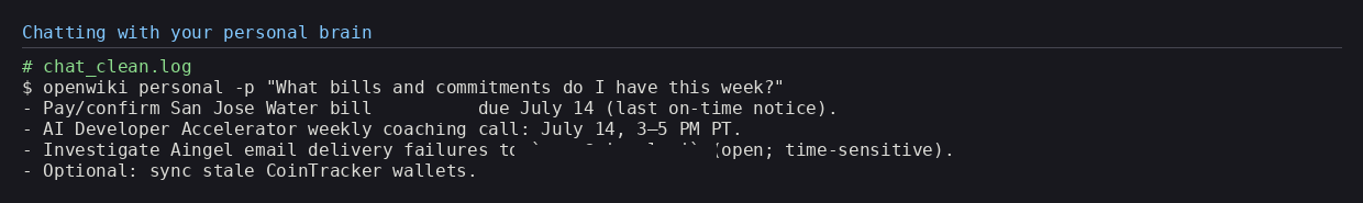 A terminal chat where openwiki personal is asked what bills and commitments are due this week and answers with a short grounded list, sensitive details blurred