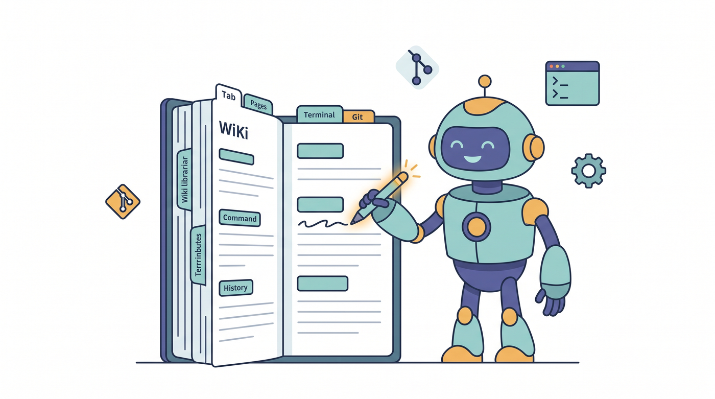 A friendly robot librarian writing on a large tabbed wiki book with a glowing pen, surrounded by a git branch icon, a terminal window and a gear