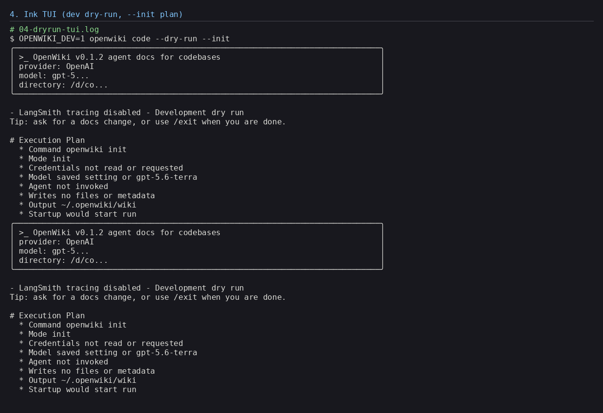 OpenWiki's Ink terminal interface showing the version header, provider and model info, and a dry-run execution plan