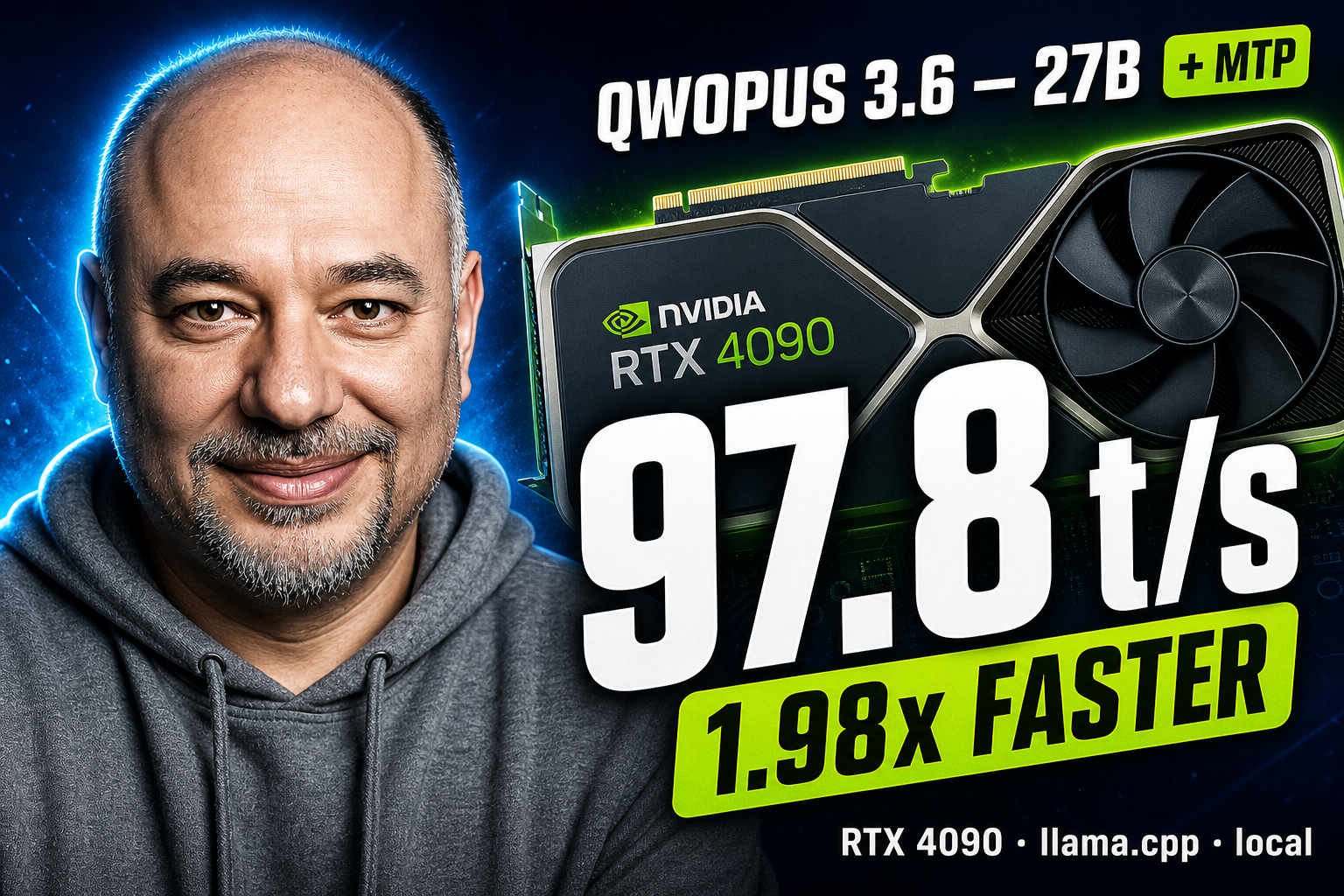 Article hero — Omar Hosney with the QWOPUS 3.6 27B title and the headline 97.8 t/s figure over an RTX 4090 graphics card
