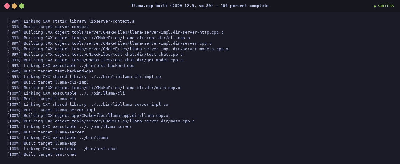 Final 100% build stage showing llama-cli, llama-server, llama-bench all built