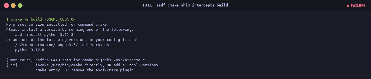 asdf error: No preset version installed for command cmake. Please install a version...