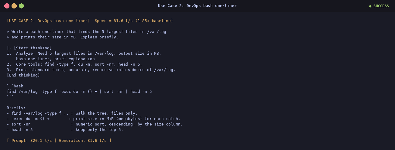 Use case 2 — bash one-liner with find, du -m, sort -nr, head, generated at 81.6 t/s
