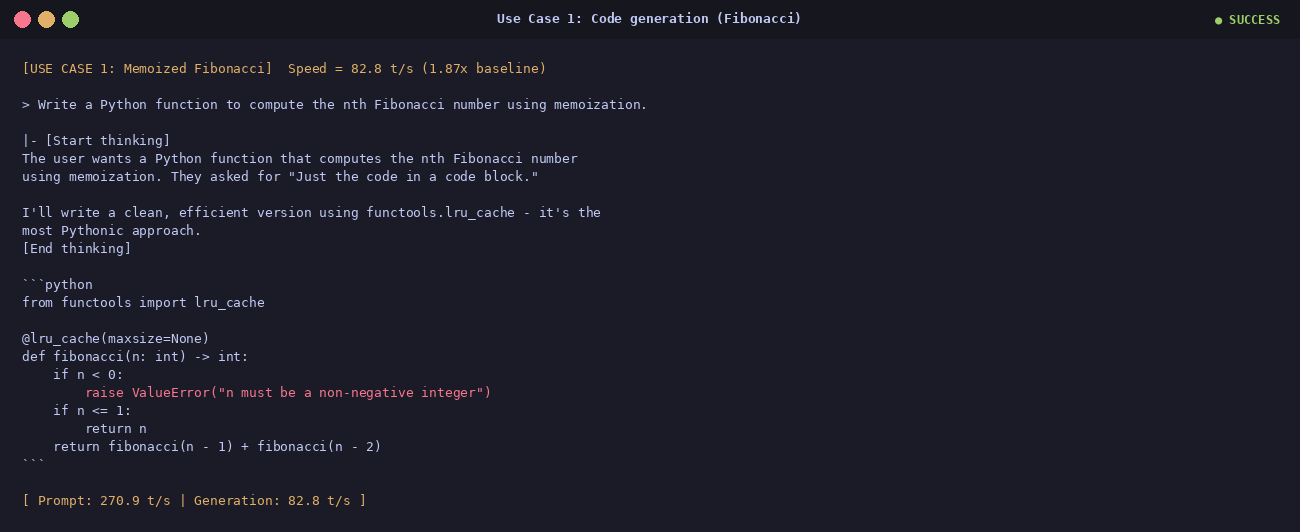 Use case 1 — terminal output of the Fibonacci function generated by Qwopus with MTP at 82.8 t/s