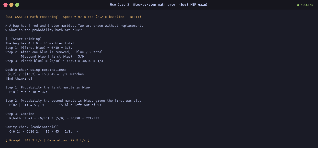 Use case 3 — step-by-step probability proof double-checked with combinations, 97.8 t/s and 2.21x speedup