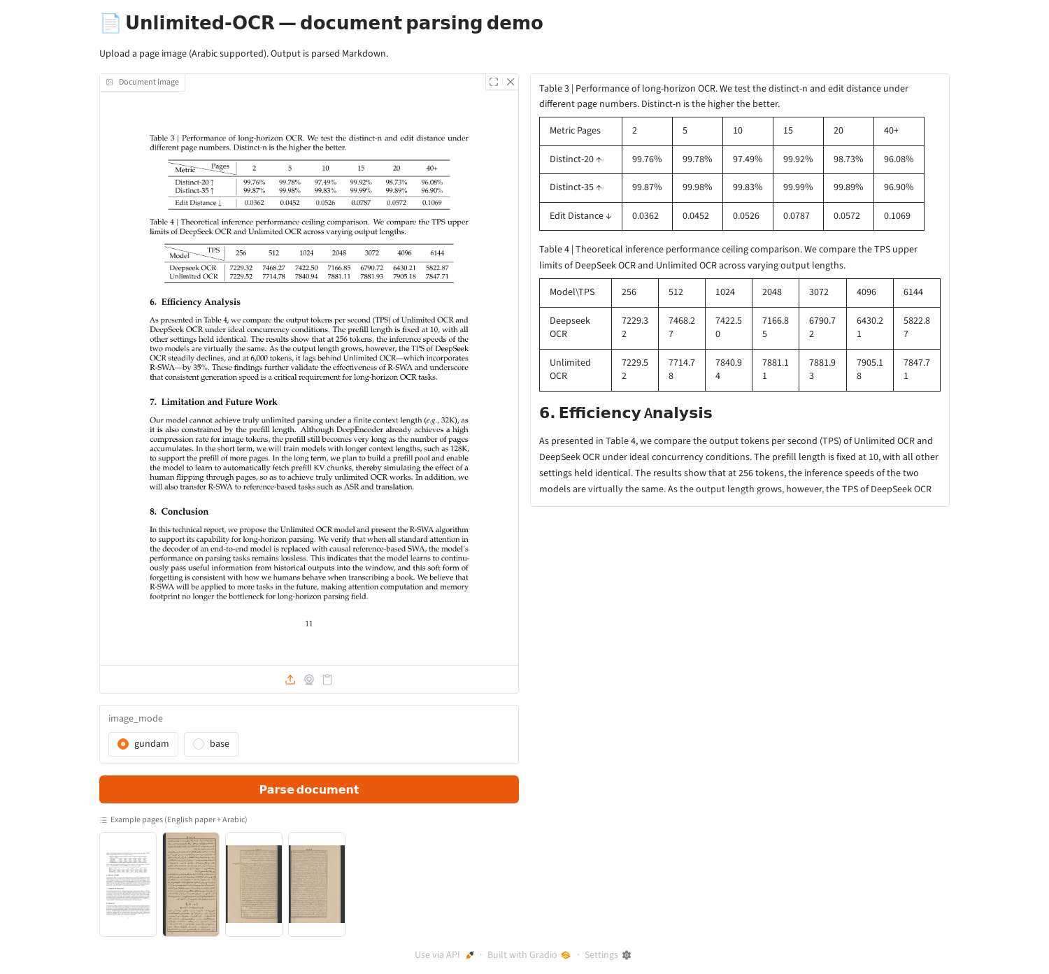 The Gradio demo showing the English paper page 11 on the left and its parsed output rendered as Markdown — with both tables reconstructed — on the right