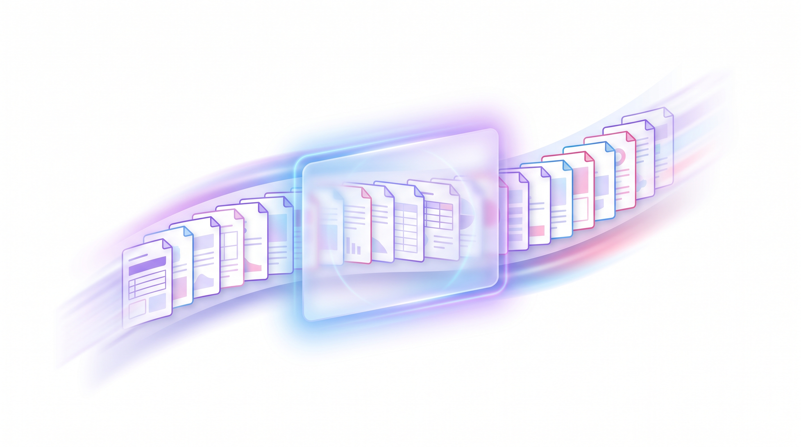 A long ribbon of document pages flowing through a translucent sliding window